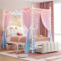 Homkdom Twin Canopy Bed Frame with Drawers and LED Lights & Charging,White