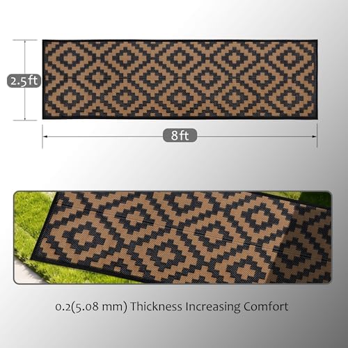 SAND MINE Reversible Mats, Plastic Straw Rug, Modern Area Rug, Large Floor Mat and Rug for Outdoors, RV, Patio, Backyard, Deck, Picnic, Beach, Trailer, Camping, Black & Brown, 2.5' x 8'