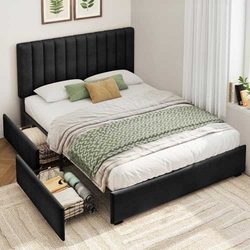 Welzona Queen Size Upholstered Bed Frame with Headboard & 2 Drawers, Black