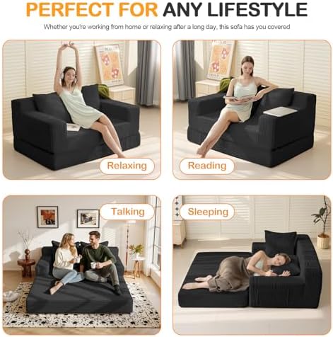 Erament Loveseat Boneless Convertible Sofa Bed, Folding Floor Futon Sleeper Sofa Couch Bed- Boneless Foldable Couch, Corduroy Pull Out Sofa Bed with 2 Pillows for Living Room & Bedroom