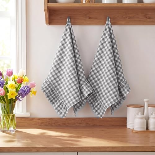 HunnmingRe 2 Pcs Gray Gingham Kitchen Towels Cotton Ruffled