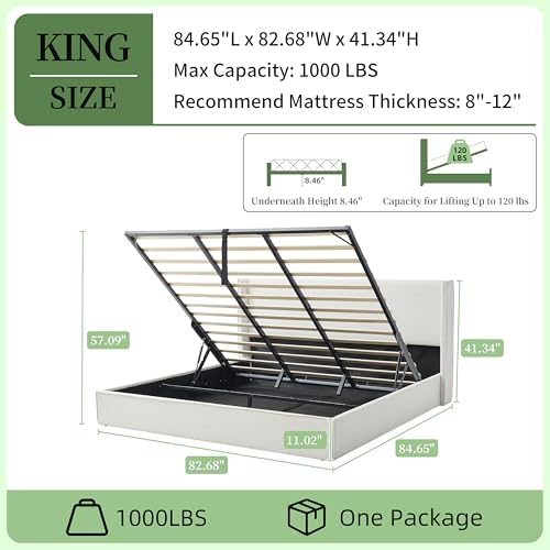King Lift Up Storage Bed, Corduroy Platform Bed with Headboard, Cream
