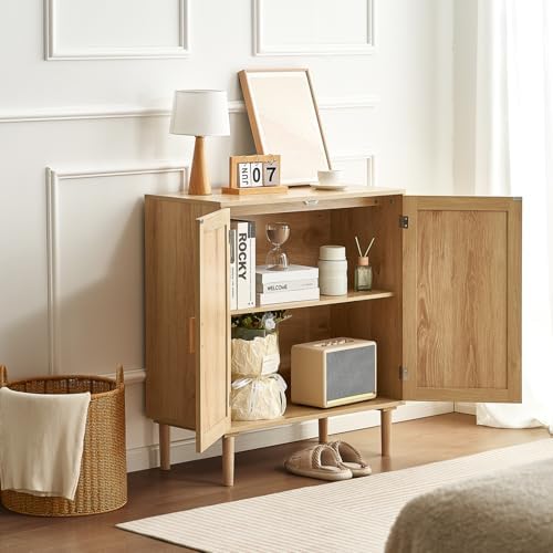 VEVOR Sideboard Cabinet, Buffet Cabinet with 2 Magnetic Doors and Adjustable Shelves, Sideboard Buffet for Hallway, Entryway, Living Room, or Kitchen, Natural