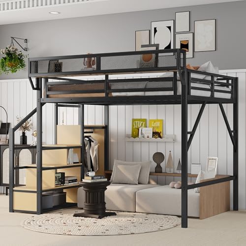KEIKI Queen Size Metal Loft Bed Frame with Convertible Staircase, Built-in Storage Shelves and Wardrobe, Loft Bed with Solid Slats, Guardrail, No Box Spring Required, Easy Assembly, for Bedroom, Black