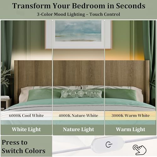 King Size Headboard Only, Modern Fluted Wall-Mounted Head Board with Lighting, Boho Wood Bed headboard Stylish Bedroom Decor, Natural