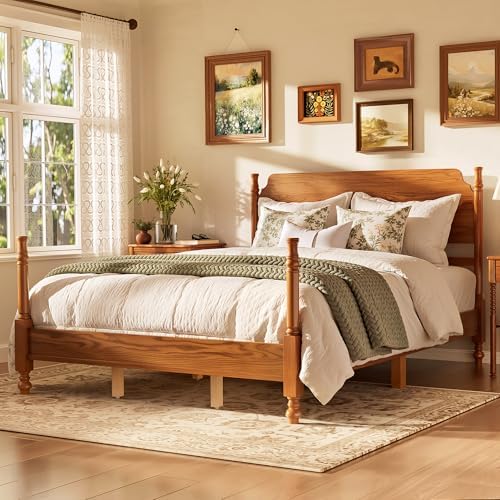 Vintage Wood Queen Bed Frame with Tall Headboard, Traditional Spindle 4-Poster Platform Bed, Light Walnut Antique Style, Under Bed Storage, No Box Spring Needed
