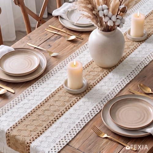 FEXIA Boho Table Runner for Fall Home Decor 12x72 Burlap with Tassels