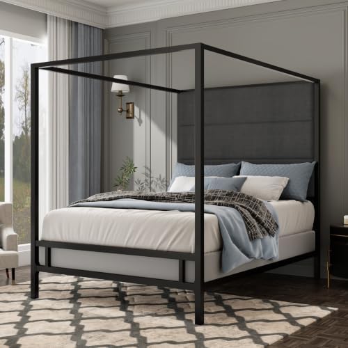 Merax Queen Canopy Bed Frame with Tall Linen Headboard, Metal 4 Poster Bed