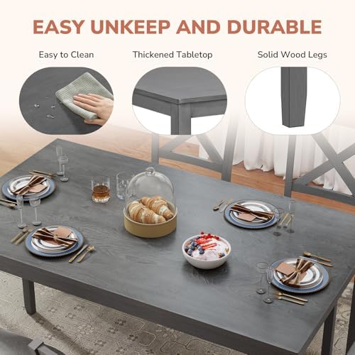 Zevemomo 7-Piece Solid Wood Dining Table Set, Farmhouse Wooden Legs, Grey