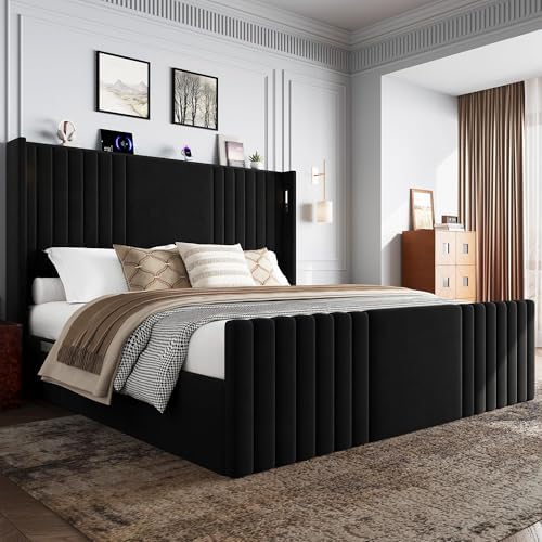 55" Tall King Size Platform Bed Frame with 2 Reading Lights, Black