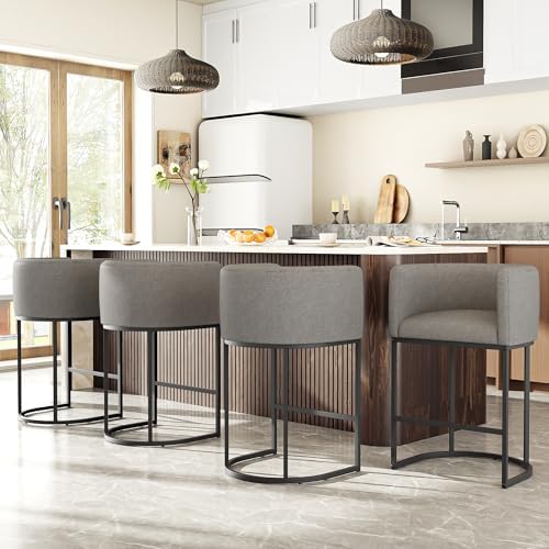 26" H Counter Height Bar Stools Set of 4, Modern Barrel Counter Stools with Backrest and Arms, Linen Fabric Upholstered Accent Barstools for Kitchen Island,Support 450 LBS (Gray)