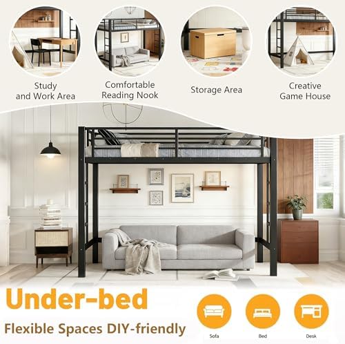 Bellemave Twin XL Size Loft Bed Frame with 2 Ladder, Sturdy Metal Construction & High Guardrail, Space Saving Twin XL Loft Bed for Kids, No Box Spring Needed, Safe for Adults, Teens, Dorms, Black