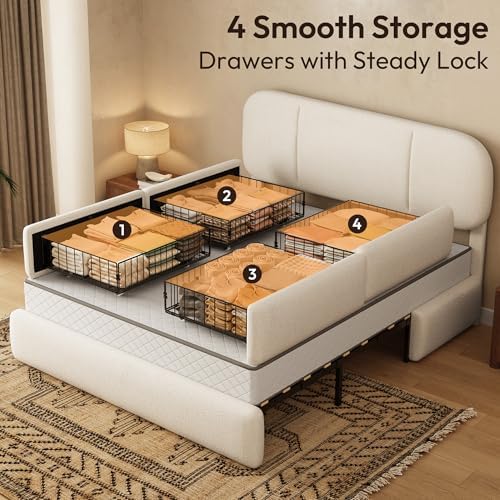 Queen Size Cloud Bed Frame with LED & 4 Drawers, Beige