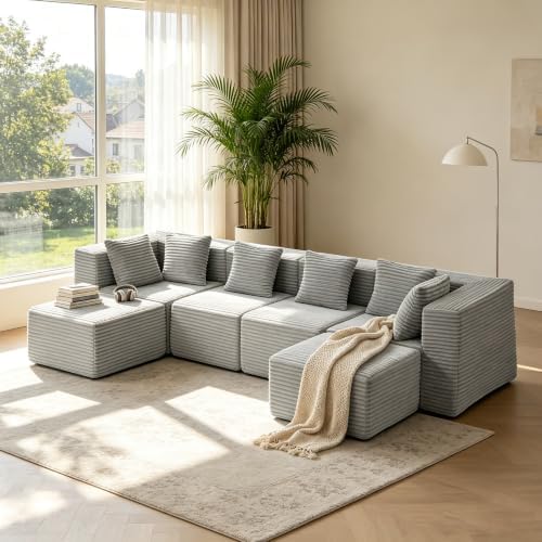 130-Inch Oversized U-Shaped 6 PCS Modular Cloud Couch Boneless Corner Sectional Couch W/Ottomans, Compression Boneless Corner Sofa Plush Corduroy Sectional Sofa for Living Room