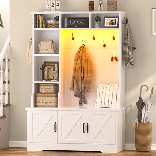 White Hall Tree with Bench and Shoe Storage, Entryway Bench with Storage