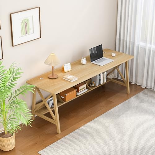 NELYE Extra Long Writing Desk with Bookshelf, 71" Wx20 Dx30 H, Oak