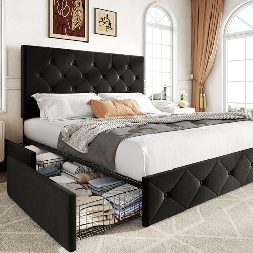 Allewie Queen Size Storage Bed Frame with 4 Underbed Drawers, Upholstered Platform Bed with Adjustable Headboard, Diamond Button Tufted, Easy Assembly, Noise-Free, No Box Spring Needed, Soft Black