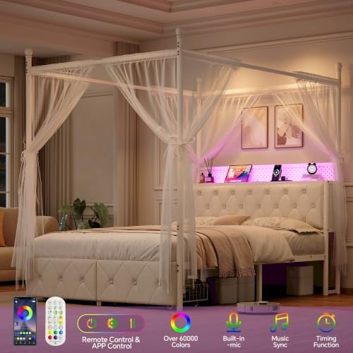 Full Size Canopy Bed Frame with Charging Station and LED Lights