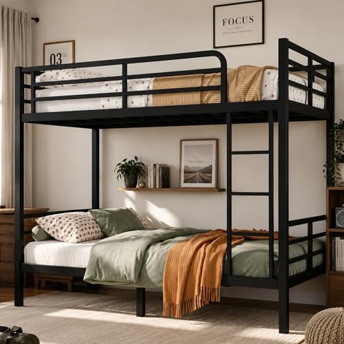 Bunk Bed Twin Over Twin, Heavy Duty Metal Twin Bunk Beds for Teens and Adults, Noise-Free Design Bunkbeds with Ladder, Guardrail for Bedroom, Dorms and Apartment, No Box Spring Required, Black