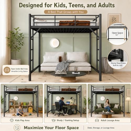 Bellemave Twin Loft Bed, Metal Round Pipe, Dual Ladders, Save Space, Black