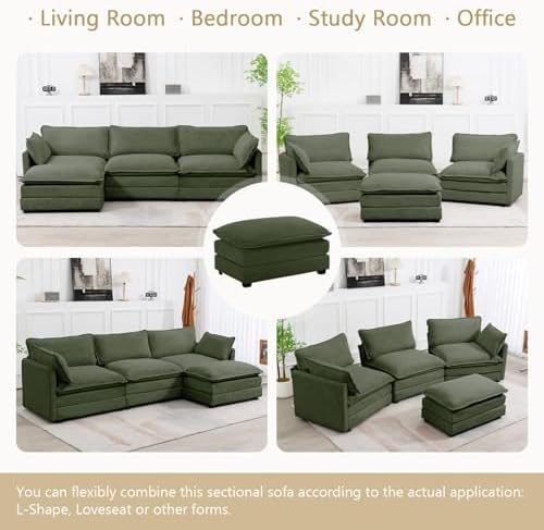 ROWHY 112'' Modular Sectional Cloud Couch with Movable Ottoman, 4 Seat Modern Corduroy Sofa, Deep Seat L Shaped Couch for Living Room Bedroom Apartment,Green
