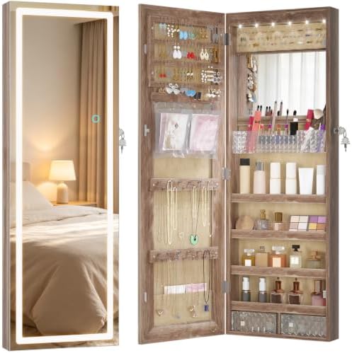 LVSOMT 42.5" Wall Mounted Jewelry Organzier with LED Mirror, Wood | Lockable Jewelry Cabinet for 30 Ring Slots, 96 Earring and 20 Necklace Hooks, Gift for Women, Girls