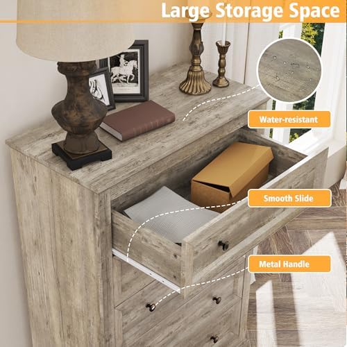 KIGOTY Farmhouse Bedroom Set, 3 Pcs Dresser and Nightstand Sets, 5 Drawer Dresser & 2 Drawer Nightstand Set with Charging Station,Rustic Wood Bedroom Furniture Set for Home