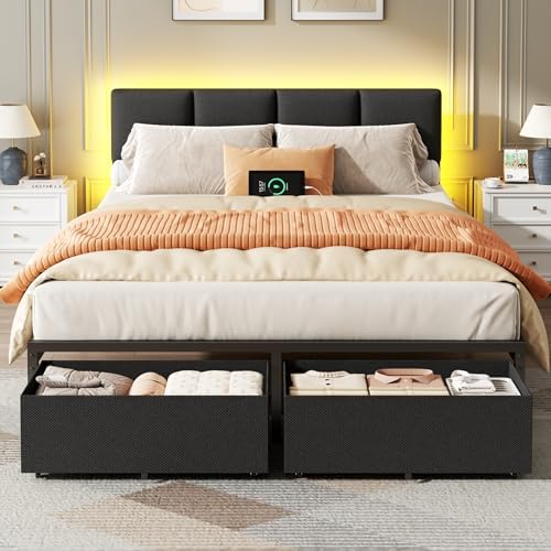 Furnulem Queen Bed Frame with Upholstered Headboard and 2 Storage Drawers