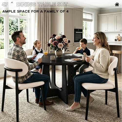47" Round Dining Table Set for 4, 5 Piece Space Saving Kitchen Table and Chairs, Walnut Wood Finish Round Table with 4 Chairs for Small Apartment, Kitchen, Easy Clean, Black