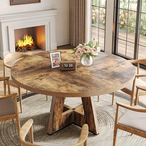 LITTLE TREE Round Dining Table for 4-6 People, 47 Inches Dining Room Table with Wooden Pedestal Base, Circle Kitchen Tables for Dining Room, Kitchen, Living Room, Rustic Brown