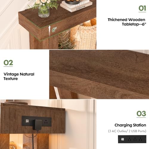 Unikito 63" Console Table with Sensor Light and Oulets, Rustic Oak