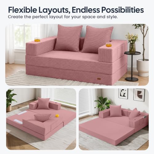 COMAX Boneless Futon Sofa Bed, 59" Small Low-Profile Floor Couch, Pink