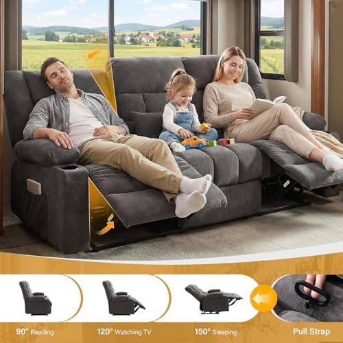 BOSMILLER Recliner 3-Seat Sofa with Cup Holders for Living Room, Manual Sofa Recliner with Side Pocket