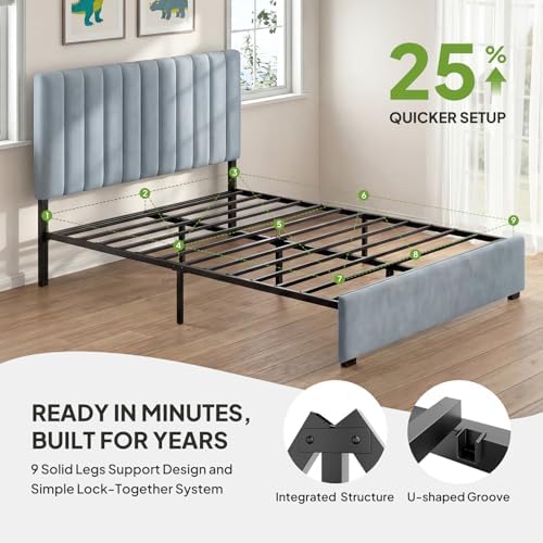 Welzona Full Size Velvet Upholstered Bed Frame with Tufted Headboard, Blue