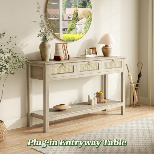 SUPERJARE Rattan Console Sofa Table with Outlets, USB-C Port and 3 Drawers