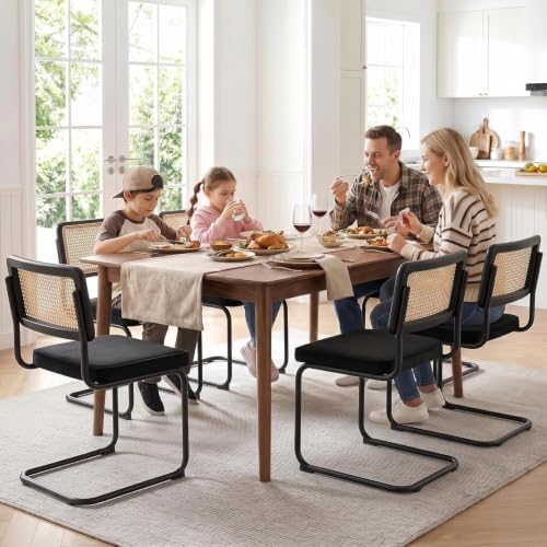 Zesthouse Natural Rattan Dining Chairs Set of 4, Modern Dining Room Chairs with Solid Wood Back for Kitchen Living Room, Mid Century Breuer Design Inspired, Upholstered Velvet Fabric, Black