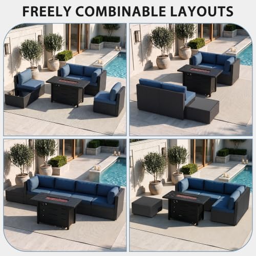 Shintenchi 6 Piece Outdoor Patio Furniture Set with 43 Inch Propane Fire Pit, Washable Cushions, Glass Coffee Table, Waterproof Cover & CSA Certified for Backyard Poolside, Black PE Rattan/Navy Blue
