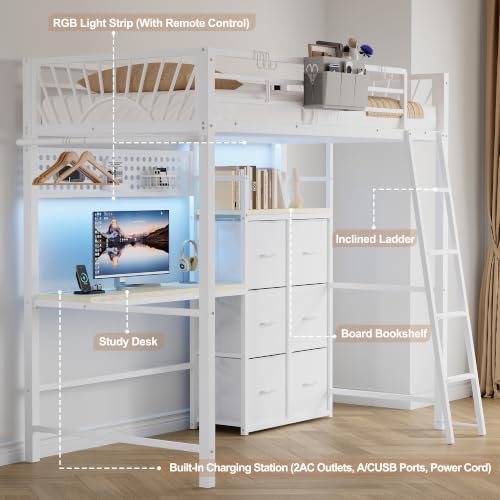 Decofy Twin Loft Bed with Desk and 6 Storage Drawers, Metal Twin Size Loft Beds with Charging Station & LED Lights, Bed Frame with Hanging Rod, Safety Ladder & Guardrail, Bedside Caddy for Kids, Teens