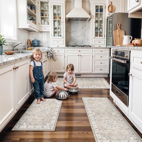 4 Pieces Kitchen Rug Set: Washable Water Resisitant Carpet for Sink Stove Area Soft Floor Mats with Non-Slip Backing for Bathroom Low-Pile Runners for Family with Elderly Dogs(2x3+2x4+2x5+2x6,Beige)