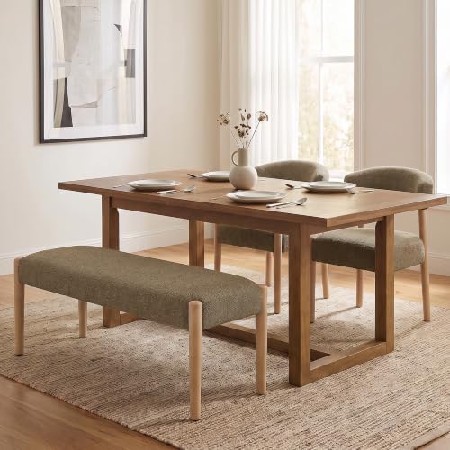 VKNOW Upholstered Dining Room Set for 4, Mid-Century Modern Dining Chairs Set of 2 and Dining Bench with Rubberwood Legs, for Dining Room, Living Room, Kitchen, Dark Brown