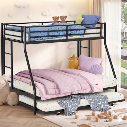 Nuturelly Twin Over Full Bunk Bed with Trundle, 400 lbs Capacity, Black