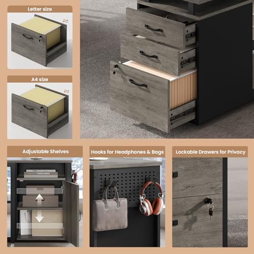 78" Executive Desk with Lockable File Cabinet, L Shaped Office Desk with Power Outlets, Large Executive Desk with Drawers and Storage Shelves , Reversible Computer Desk with Privacy Screen, Grey
