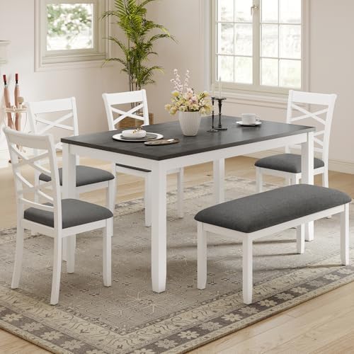 Zevemomo 6-Piece Solid Wood Dining Table Set, Grey & White