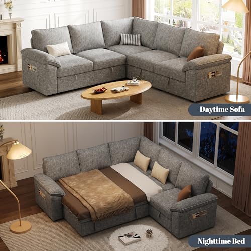 85'' Modular Sectional Sofa with Pull Out Bed, Sleeper Sofa, Light Gray