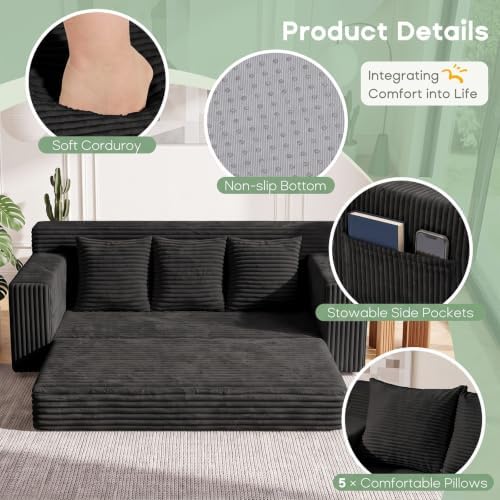 Boneless Couch for Living Room, 3 Seater Convertible Sofa Bed in Box, Black