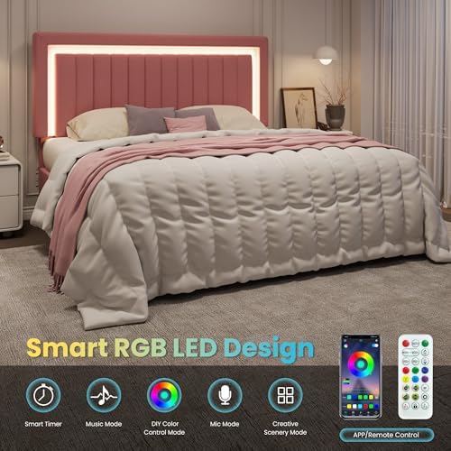 SHA CERLIN King Size Velvet Bed Frame with LED Light, Pink
