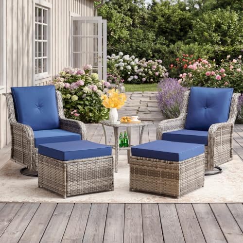 Wumiokio Patio Furniture Sets, Wicker Outdoor Furniture - 360 Degree Swivel Rocking Chairs and Rattan Side Table for Garden,Porch,Backyard (Grey Wicker/Blue Cushion, 5PCS - Swivel Chairs & Ottoman)