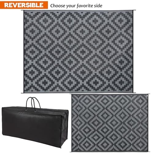 SAND MINE Waterproof Outdoor Rug 9x12 ft, Plastic Reversible Rug, Modern Area Rug, Large Floor Mat for Outdoors, RV, Patio, Backyard, Deck, Picnic, Beach, Camping, Black Grey Lattice