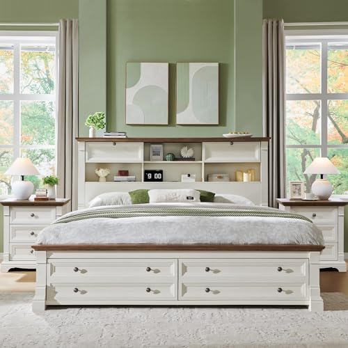 Farmhouse King Size Bed Frame with 2 Drawers & 4 Bookcases On The Headboard