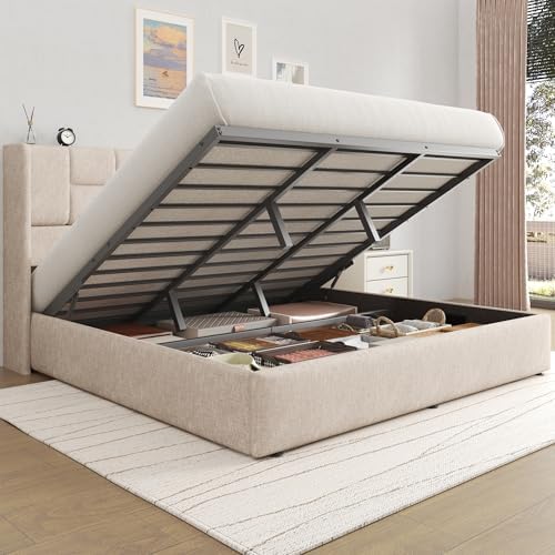 King Bed Frame with Hydraulic Gas Lift Up Storage, Linen Upholstered